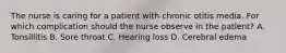 The nurse is caring for a patient with chronic otitis media. For which complication should the nurse observe in the patient? A. Tonsillitis B. Sore throat C. Hearing loss D. Cerebral edema