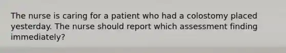 The nurse is caring for a patient who had a colostomy placed yesterday. The nurse should report which assessment finding immediately?