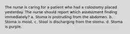 The nurse is caring for a patient who had a colostomy placed yesterday. The nurse should report which assessment finding immediately? a. Stoma is protruding from the abdomen. b. Stoma is moist. c. Stool is discharging from the stoma. d. Stoma is purple.