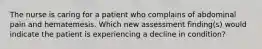 The nurse is caring for a patient who complains of abdominal pain and hematemesis. Which new assessment finding(s) would indicate the patient is experiencing a decline in condition?