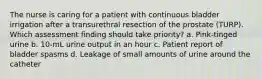 The nurse is caring for a patient with continuous bladder irrigation after a transurethral resection of the prostate (TURP). Which assessment finding should take priority? a. Pink-tinged urine b. 10-mL urine output in an hour c. Patient report of bladder spasms d. Leakage of small amounts of urine around the catheter