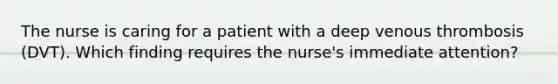 The nurse is caring for a patient with a deep venous thrombosis (DVT). Which finding requires the nurse's immediate attention?