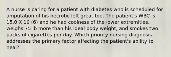 A nurse is caring for a patient with diabetes who is scheduled for amputation of his necrotic left great toe. The patient's WBC is 15.0 X 10 (6) and he had coolness of the lower extremities, weighs 75 lb more than his ideal body weight, and smokes two packs of cigarettes per day. Which priority nursing diagnosis addresses the primary factor affecting the patient's ability to heal?