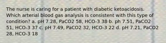 The nurse is caring for a patient with diabetic ketoacidosis. Which arterial blood gas analysis is consistent with this type of condition? a. pH 7.28, PaCO2 58, HCO-3 38 b. ph 7.51, PaCO2 51, HCO-3 37 c. pH 7.49, PaCO2 32, HCO-3 22 d. pH 7.21, PaCO2 28, HCO-3 18