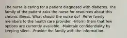 The nurse is caring for a patient diagnosed with diabetes. The family of the patient asks the nurse for resources about this chronic illness. What should the nurse do? -Refer family members to the health care provider. -Inform them that few options are currently available. -Maintain confidentiality by keeping silent. -Provide the family with the information.