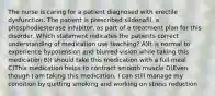 The nurse is caring for a patient diagnosed with erectile dysfunction. The patient is prescribed sildenafil, a phosphodiesterase inhibitor, as part of a treatment plan for this disorder. Which statement indicates the patients correct understanding of medication use teaching? A)It is normal to experience hypotension and blurred vision while taking this medication B)I should take this medication with a full meal C)This medication helps to contract smooth muscle D)Even though I am taking this medication, I can still manage my condition by quitting smoking and working on stress reduction