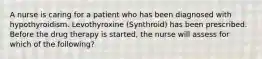 A nurse is caring for a patient who has been diagnosed with hypothyroidism. Levothyroxine (Synthroid) has been prescribed. Before the drug therapy is started, the nurse will assess for which of the following?