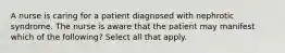 A nurse is caring for a patient diagnosed with nephrotic syndrome. The nurse is aware that the patient may manifest which of the following? Select all that apply.