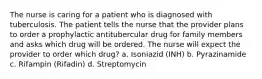 The nurse is caring for a patient who is diagnosed with tuberculosis. The patient tells the nurse that the provider plans to order a prophylactic antitubercular drug for family members and asks which drug will be ordered. The nurse will expect the provider to order which drug? a. Isoniazid (INH) b. Pyrazinamide c. Rifampin (Rifadin) d. Streptomycin