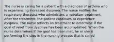 The nurse is caring for a patient with a diagnosis of asthma who is experiencing increased dyspnea. The nurse notifies the respiratory therapist who administers a nebulizer treatment. After the treatment, the patient continues to experience dyspnea. The nurse reflects on treatment to determine if the goal of relief from dyspnea has been accomplished. When the nurse determines if the goal has been met, he or she is performing the step in the nursing process that is called