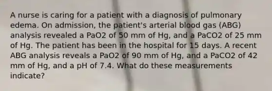 A nurse is caring for a patient with a diagnosis of pulmonary edema. On admission, the patient's arterial blood gas (ABG) analysis revealed a PaO2 of 50 mm of Hg, and a PaCO2 of 25 mm of Hg. The patient has been in the hospital for 15 days. A recent ABG analysis reveals a PaO2 of 90 mm of Hg, and a PaCO2 of 42 mm of Hg, and a pH of 7.4. What do these measurements indicate?