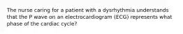 The nurse caring for a patient with a dysrhythmia understands that the P wave on an electrocardiogram (ECG) represents what phase of the cardiac cycle?