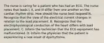 The nurse is caring for a patient who has had an ECG. The nurse notes that leads I, II, and III differ from one another on the cardiac rhythm strip. How should the nurse best respond?A. Recognize that the view of the electrical current changes in relation to the lead placement. B. Recognize that the electrophysiological conduction of the heart differs with lead placement. C. Inform the technician that the ECG equipment has malfunctioned. D. Inform the physician that the patient is experiencing a new onset of dysrhythmia.