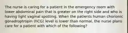 The nurse is caring for a patient in the emergency room with lower abdominal pain that is greater on the right side and who is having light vaginal spotting. When the patients human chorionic gonadroptropin (hCG) level is lower than normal, the nurse plans care for a patient with which of the following?