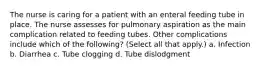 The nurse is caring for a patient with an enteral feeding tube in place. The nurse assesses for pulmonary aspiration as the main complication related to feeding tubes. Other complications include which of the following? (Select all that apply.) a. Infection b. Diarrhea c. Tube clogging d. Tube dislodgment