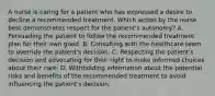 A nurse is caring for a patient who has expressed a desire to decline a recommended treatment. Which action by the nurse best demonstrates respect for the patient's autonomy? A. Persuading the patient to follow the recommended treatment plan for their own good. B. Consulting with the healthcare team to override the patient's decision. C. Respecting the patient's decision and advocating for their right to make informed choices about their care. D. Withholding information about the potential risks and benefits of the recommended treatment to avoid influencing the patient's decision.