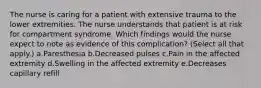 The nurse is caring for a patient with extensive trauma to the lower extremities. The nurse understands that patient is at risk for compartment syndrome. Which findings would the nurse expect to note as evidence of this complication? (Select all that apply.) a.Paresthesia b.Decreased pulses c.Pain in the affected extremity d.Swelling in the affected extremity e.Decreases capillary refill