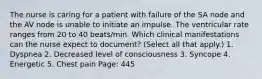 The nurse is caring for a patient with failure of the SA node and the AV node is unable to initiate an impulse. The ventricular rate ranges from 20 to 40 beats/min. Which clinical manifestations can the nurse expect to document? (Select all that apply.) 1. Dyspnea 2. Decreased level of consciousness 3. Syncope 4. Energetic 5. Chest pain Page: 445