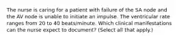 The nurse is caring for a patient with failure of the SA node and the AV node is unable to initiate an impulse. The ventricular rate ranges from 20 to 40 beats/minute. Which clinical manifestations can the nurse expect to document? (Select all that apply.)