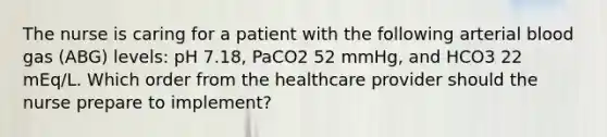 The nurse is caring for a patient with the following arterial blood gas (ABG) levels: pH 7.18, PaCO2 52 mmHg, and HCO3 22 mEq/L. Which order from the healthcare provider should the nurse prepare to implement?