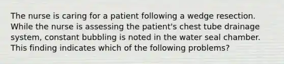 The nurse is caring for a patient following a wedge resection. While the nurse is assessing the patient's chest tube drainage system, constant bubbling is noted in the water seal chamber. This finding indicates which of the following problems?