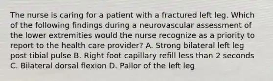 The nurse is caring for a patient with a fractured left leg. Which of the following findings during a neurovascular assessment of the lower extremities would the nurse recognize as a priority to report to the health care provider? A. Strong bilateral left leg post tibial pulse B. Right foot capillary refill less than 2 seconds C. Bilateral dorsal flexion D. Pallor of the left leg