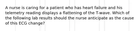 A nurse is caring for a patient who has heart failure and his telemetry reading displays a flattening of the T-wave. Which of the following lab results should the nurse anticipate as the cause of this ECG change?