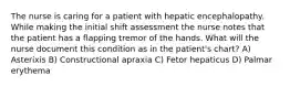 The nurse is caring for a patient with hepatic encephalopathy. While making the initial shift assessment the nurse notes that the patient has a flapping tremor of the hands. What will the nurse document this condition as in the patient's chart? A) Asterixis B) Constructional apraxia C) Fetor hepaticus D) Palmar erythema