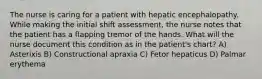 The nurse is caring for a patient with hepatic encephalopathy. While making the initial shift assessment, the nurse notes that the patient has a flapping tremor of the hands. What will the nurse document this condition as in the patient's chart? A) Asterixis B) Constructional apraxia C) Fetor hepaticus D) Palmar erythema