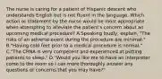 The nurse is caring for a patient of Hispanic descent who understands English but is not fluent in the language. Which action or statement by the nurse would be most appropriate when attempting to alleviate the patient's concern about an upcoming medical procedure? A.Speaking loudly, explain, "The risks of an adverse event during the procedure are minimal." B."Having cold feet prior to a medical procedure is normal." C."The CRNA is very competent and experienced at putting patients to sleep." D."Would you like me to have an interpreter come to the room so I can more thoroughly answer any questions or concerns that you may have?"