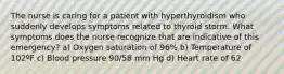 The nurse is caring for a patient with hyperthyroidism who suddenly develops symptoms related to thyroid storm. What symptoms does the nurse recognize that are indicative of this emergency? a) Oxygen saturation of 96% b) Temperature of 102ºF c) Blood pressure 90/58 mm Hg d) Heart rate of 62