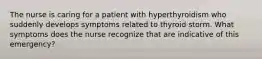 The nurse is caring for a patient with hyperthyroidism who suddenly develops symptoms related to thyroid storm. What symptoms does the nurse recognize that are indicative of this emergency?