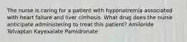 The nurse is caring for a patient with hyponatremia associated with heart failure and liver cirrhosis. What drug does the nurse anticipate administering to treat this patient? Amiloride Tolvaptan Kayexalate Pamidronate