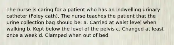 The nurse is caring for a patient who has an indwelling urinary catheter (Foley cath). The nurse teaches the patient that the urine collection bag should be: a. Carried at waist level when walking b. Kept below the level of the pelvis c. Changed at least once a week d. Clamped when out of bed