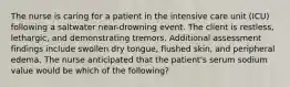 The nurse is caring for a patient in the intensive care unit (ICU) following a saltwater near-drowning event. The client is restless, lethargic, and demonstrating tremors. Additional assessment findings include swollen dry tongue, flushed skin, and peripheral edema. The nurse anticipated that the patient's serum sodium value would be which of the following?