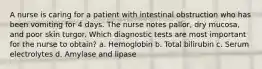 A nurse is caring for a patient with intestinal obstruction who has been vomiting for 4 days. The nurse notes pallor, dry mucosa, and poor skin turgor. Which diagnostic tests are most important for the nurse to obtain? a. Hemoglobin b. Total bilirubin c. Serum electrolytes d. Amylase and lipase