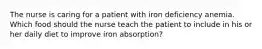 The nurse is caring for a patient with iron deficiency anemia. Which food should the nurse teach the patient to include in his or her daily diet to improve iron absorption?