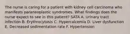 The nurse is caring for a patient with kidney cell carcinoma who manifests paraneoplastic syndromes. What findings does the nurse expect to see in this patient? SATA A. Urinary tract infection B. Erythrocytosis C. Hypercalcemia D. Liver dysfunction E. Decreased sedimentation rate F. Hypertension