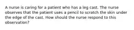 A nurse is caring for a patient who has a leg cast. The nurse observes that the patient uses a pencil to scratch the skin under the edge of the cast. How should the nurse respond to this observation?