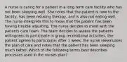 A nurse is caring for a patient in a long term care facility who has not been sleeping well. She notes that the patient is new to the facility, has been refusing therapy, and is also not eating well. The nurse interprets this to mean that the patient has been having trouble adjusting. The nurse decides to meet with the patients care team. The team decides to assess the patients willingness to participate in group recreational activities, the patient agrees to participate. After 1 week, the nurse reevaluates the plan of care and notes that the patient has been sleeping much better. Which of the following terms best describes processes used in the nurses plan?