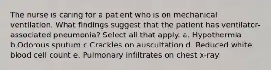 The nurse is caring for a patient who is on mechanical ventilation. What findings suggest that the patient has ventilator-associated pneumonia? Select all that apply. a. Hypothermia b.Odorous sputum c.Crackles on auscultation d. Reduced white blood cell count e. Pulmonary infiltrates on chest x-ray