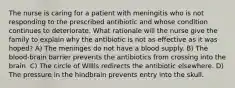 The nurse is caring for a patient with meningitis who is not responding to the prescribed antibiotic and whose condition continues to deteriorate. What rationale will the nurse give the family to explain why the antibiotic is not as effective as it was hoped? A) The meninges do not have a blood supply. B) The blood-brain barrier prevents the antibiotics from crossing into the brain. C) The circle of Willis redirects the antibiotic elsewhere. D) The pressure in the hindbrain prevents entry into the skull.