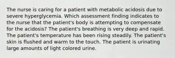 The nurse is caring for a patient with metabolic acidosis due to severe hyperglycemia. Which assessment finding indicates to the nurse that the patient's body is attempting to compensate for the acidosis? The patient's breathing is very deep and rapid. The patient's temperature has been rising steadily. The patient's skin is flushed and warm to the touch. The patient is urinating large amounts of light colored urine.