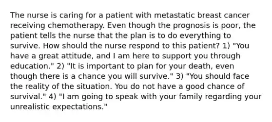 The nurse is caring for a patient with metastatic breast cancer receiving chemotherapy. Even though the prognosis is poor, the patient tells the nurse that the plan is to do everything to survive. How should the nurse respond to this patient? 1) "You have a great attitude, and I am here to support you through education." 2) "It is important to plan for your death, even though there is a chance you will survive." 3) "You should face the reality of the situation. You do not have a good chance of survival." 4) "I am going to speak with your family regarding your unrealistic expectations."