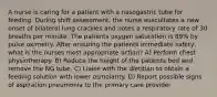 A nurse is caring for a patient with a nasogastric tube for feeding. During shift assessment, the nurse auscultates a new onset of bilateral lung crackles and notes a respiratory rate of 30 breaths per minute. The patients oxygen saturation is 89% by pulse oximetry. After ensuring the patients immediate safety, what is the nurses most appropriate action? A) Perform chest physiotherapy. B) Reduce the height of the patients bed and remove the NG tube. C) Liaise with the dietitian to obtain a feeding solution with lower osmolarity. D) Report possible signs of aspiration pneumonia to the primary care provider