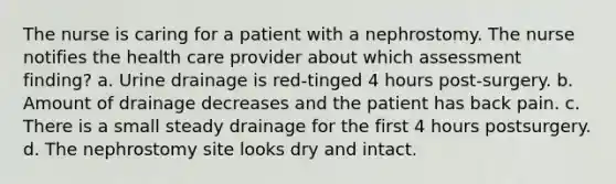 The nurse is caring for a patient with a nephrostomy. The nurse notifies the health care provider about which assessment finding? a. Urine drainage is red-tinged 4 hours post-surgery. b. Amount of drainage decreases and the patient has back pain. c. There is a small steady drainage for the first 4 hours postsurgery. d. The nephrostomy site looks dry and intact.