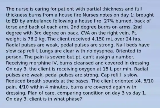 The nurse is caring for patient with partial thickness and full thickness burns from a house fire Nurses notes on day 1: brought to ED by ambulance following a house fire. 27% burned, back of torso and back of each arm. 2nd degree burns on arms, 2nd degree with 3rd degree on back. CVA on the right vein. Pt. weight is 76.2 kg. The client received 4,150 mL over 24 hrs. Radial pulses are weak, pedal pulses are strong. Nail beds have slow cap refill. Lungs are clear with no dyspnea. Oriented to person. The pain is severe but pt. can't assign a number. Receiving morphine IV, burns cleansed and covered in dressing On day 3, the client is receiving oxygen at 15 L per min. Radial pulses are weak, pedal pulses are strong. Cap refill is slow. Reduced breath sounds at the bases. The client oriented x4. 8/10 pain. 4/10 within 4 minutes, burns are covered again with dressing. Plan of care, comparing condition on day 3 vs day 1. On day 3, client is in what phase?