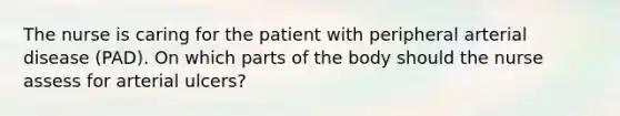 The nurse is caring for the patient with peripheral arterial disease (PAD). On which parts of the body should the nurse assess for arterial ulcers?