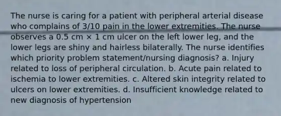 The nurse is caring for a patient with peripheral arterial disease who complains of 3/10 pain in the lower extremities. The nurse observes a 0.5 cm × 1 cm ulcer on the left lower leg, and the lower legs are shiny and hairless bilaterally. The nurse identifies which priority problem statement/nursing diagnosis? a. Injury related to loss of peripheral circulation. b. Acute pain related to ischemia to lower extremities. c. Altered skin integrity related to ulcers on lower extremities. d. Insufficient knowledge related to new diagnosis of hypertension