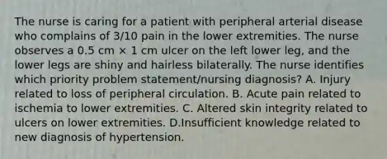 The nurse is caring for a patient with peripheral arterial disease who complains of 3/10 pain in the lower extremities. The nurse observes a 0.5 cm × 1 cm ulcer on the left lower leg, and the lower legs are shiny and hairless bilaterally. The nurse identifies which priority problem statement/nursing diagnosis? A. Injury related to loss of peripheral circulation. B. Acute pain related to ischemia to lower extremities. C. Altered skin integrity related to ulcers on lower extremities. D.Insufficient knowledge related to new diagnosis of hypertension.